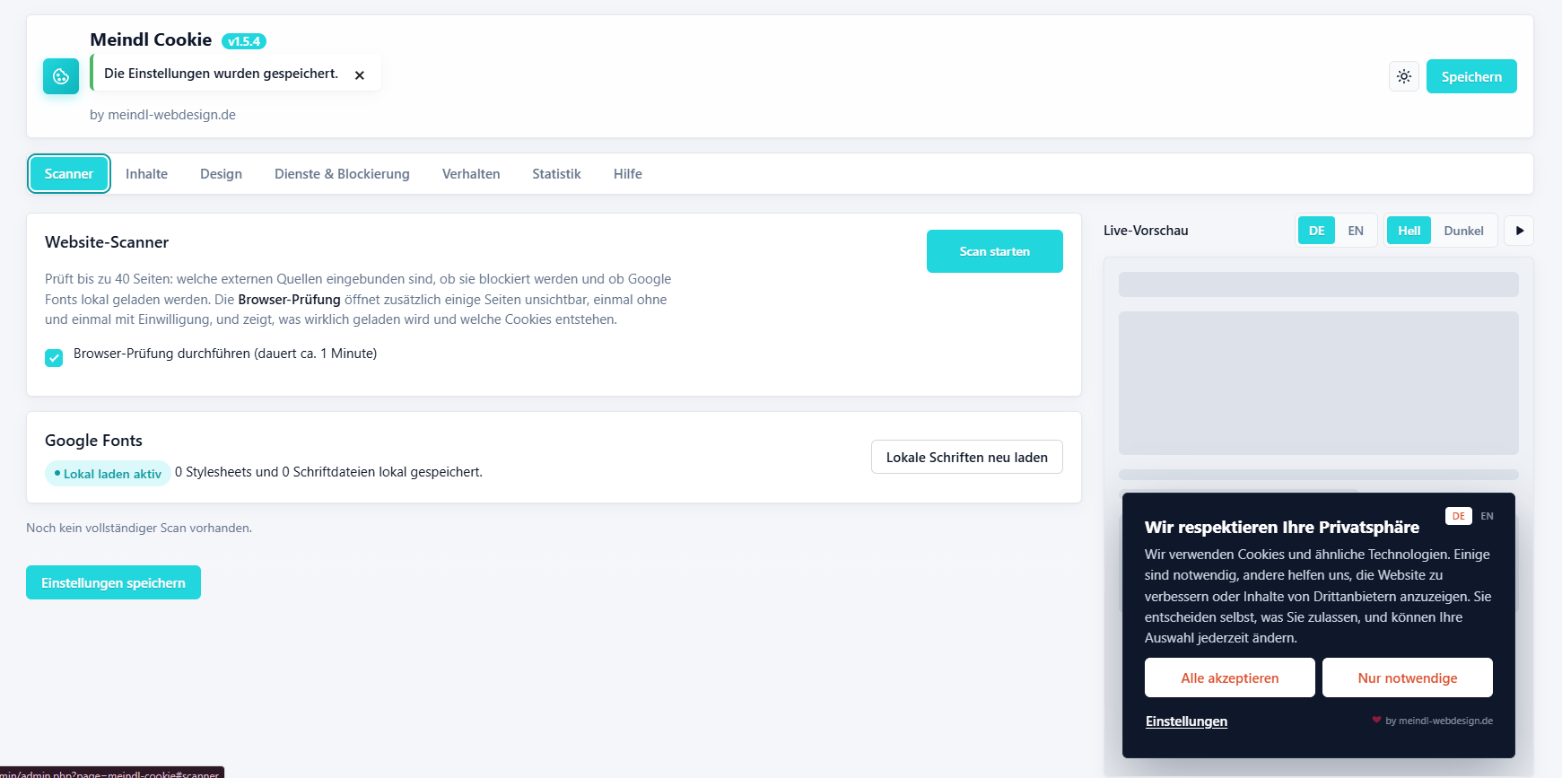 Scanner im Plugin: Website-Scan mit Browser-Prüfung und Status der Google Fonts